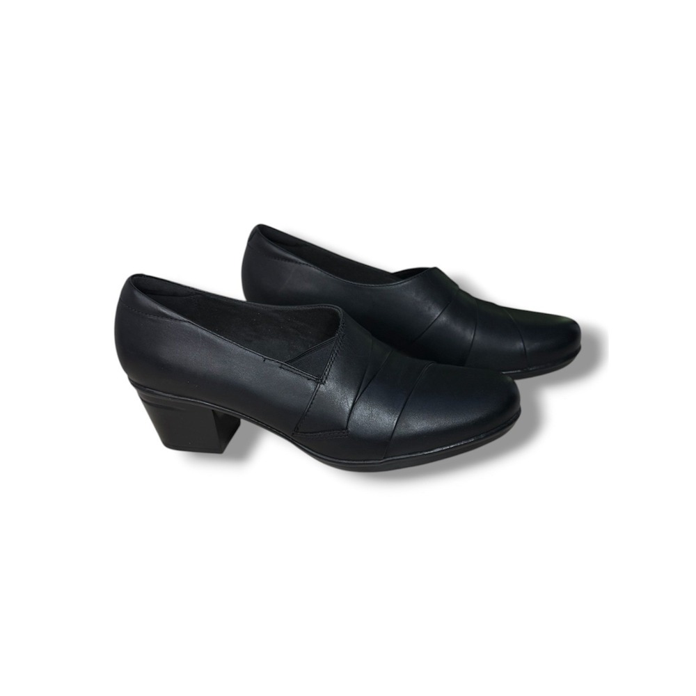 Clarks Collection Women's Emslie‎ Warbler Leather Black Pleated Shoes Heels 10 M